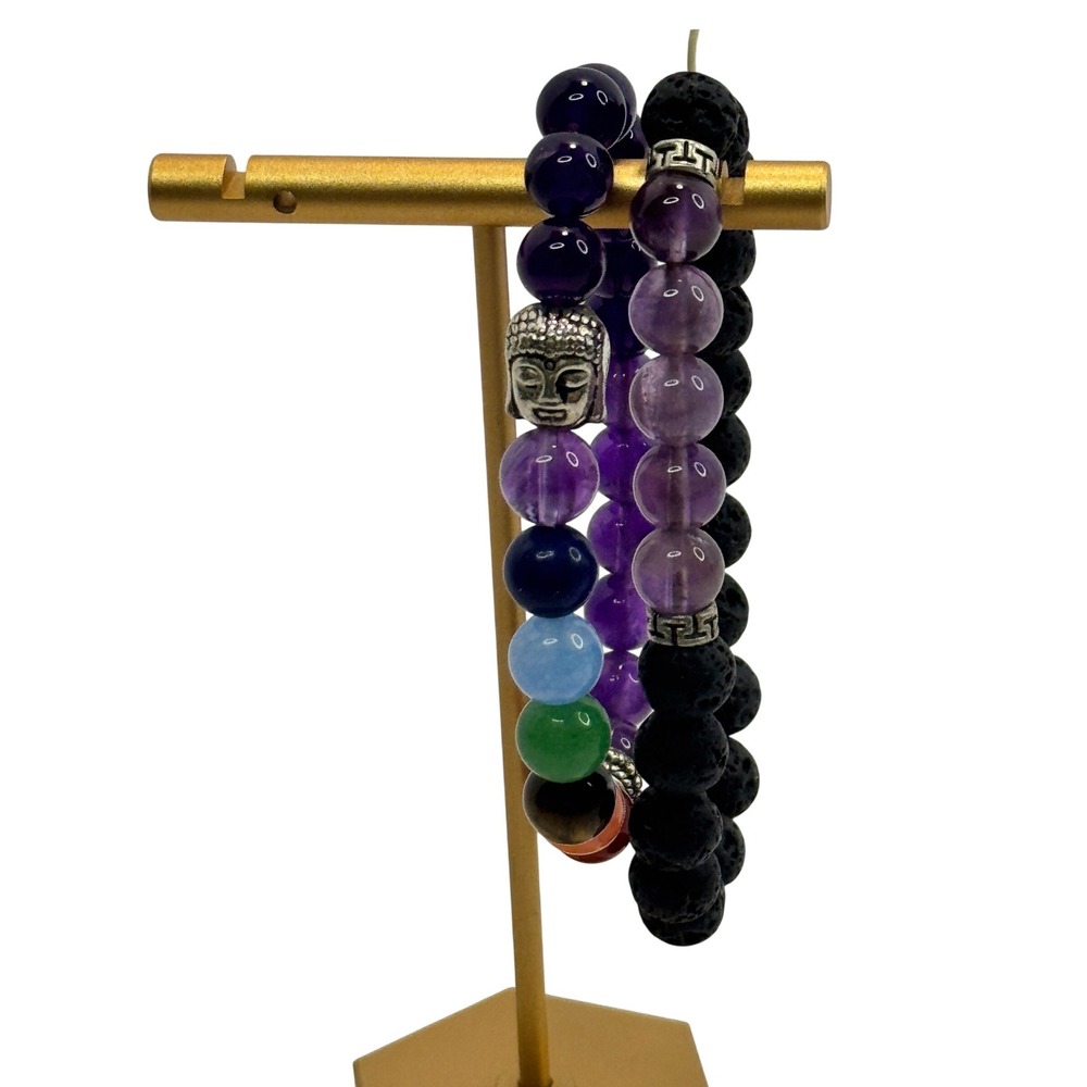 Chakra‎ Amethyst & Black Lava Rock Buddha Stretch Beaded Bracelets Set of 2 Boho